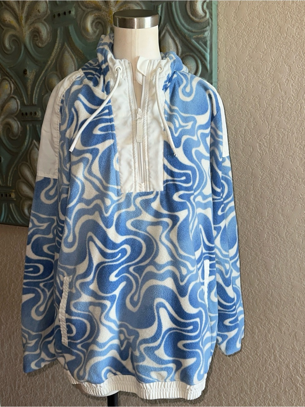 LIV Outdoor Womens XL Fleece Pullover Blue White Swirl Hooded Quarter Zip Anorak